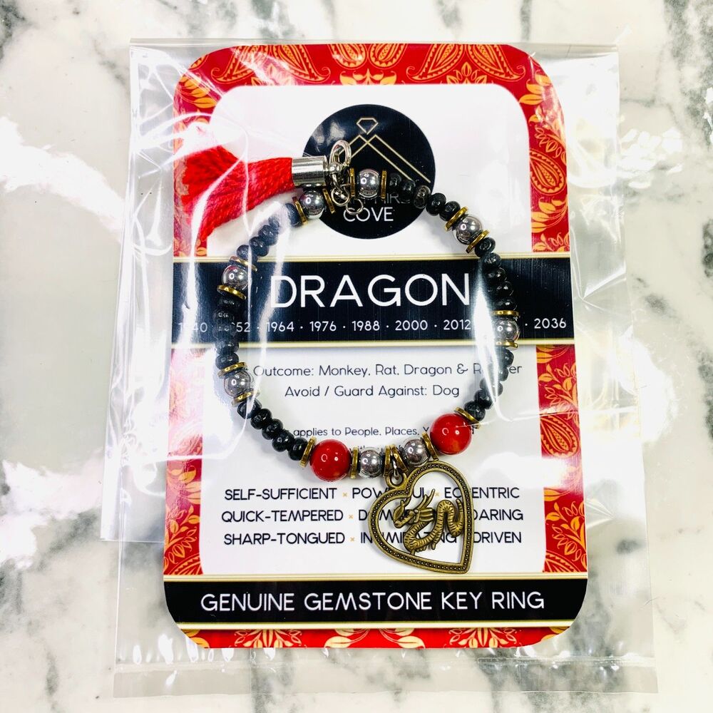 Chinese Zodiac DRAGON Bangle Silver Plated Tassel Bracelet Wood Coral BAZI